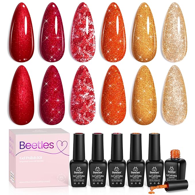 beetles Glitter Red Gel Polish - Passion Rush Collection Glitter Nails, Red Orange Gold Gel Polish Shimmer Nails Art Soak off Uv LED Manicure Gift Set Nail Trend Gift for Women