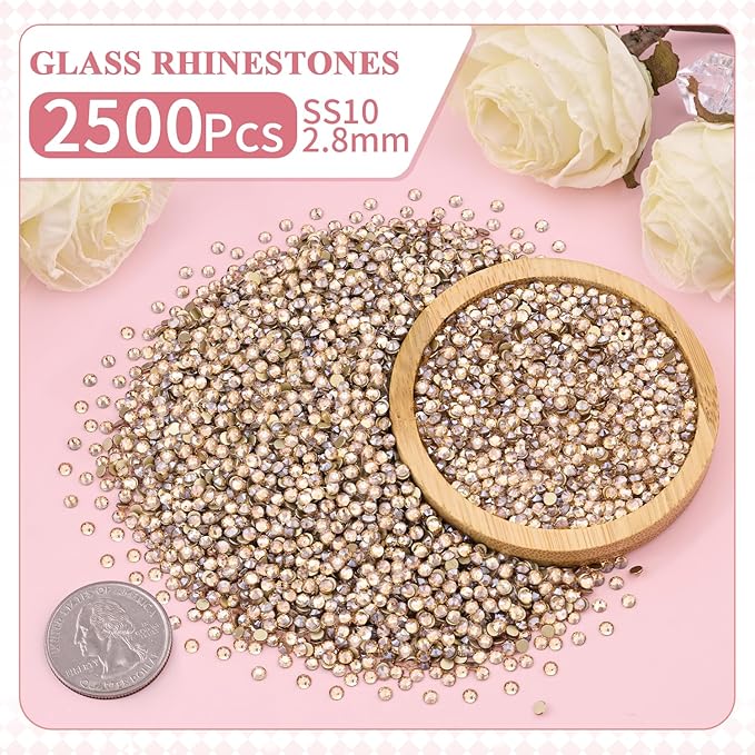 2500PCS SS10/2.8mm Crystal Rhinestones (Golden Shadow/Champagne) with 2Pcs 10ml B7000 Jewelry Glue, Bedazzling Flatback Glass Rhinestones for Crafting, Gems Diomand for Tumbler Shoes Clothing Nail Art