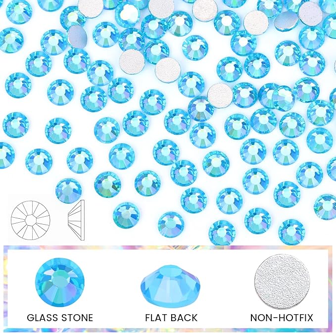 Novani Rhinestones 3000Pcs Flatback Crystal Round Loose Gemstones Glass Rhinestones for Crafts Makeup Nail Art Clothes Shoes DIY Decorations(SS6, 1.9-2.0mm,Aquamarine AB)