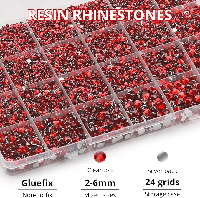 31000Pcs Red Resin Rhinestones for Bedazzling, 2,3,4,5,6mm Mixed Sizes Bedazzle Red Gems, Flatback Bedazzled Stones Crystal Jewels Diamonds Gemstones for Crafting Clothes Crafts with Glue