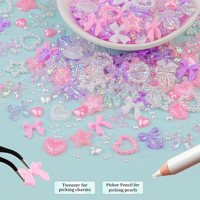 500 Pcs 3D Nail Charms and Flatback Pearls #11, 6 Colors Bow + Pink&White Star Heart Cute Charms + 2-6mm White Pearls for Nail Art Design with Nail Charm Glue(UV Needed) and Pickup Tools