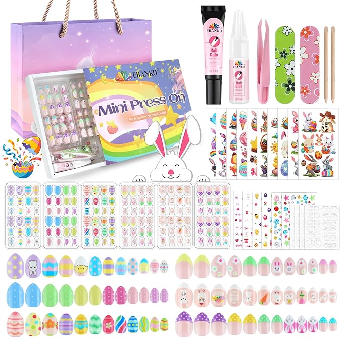 EBANKU Easter 144 Pcs Press on Nail Kids Gift Box, 6 Pack Rabbit Kid Flase Nails Kit with Nail Glue Set Fake Nail for Girls 5-10 Years Gift Set