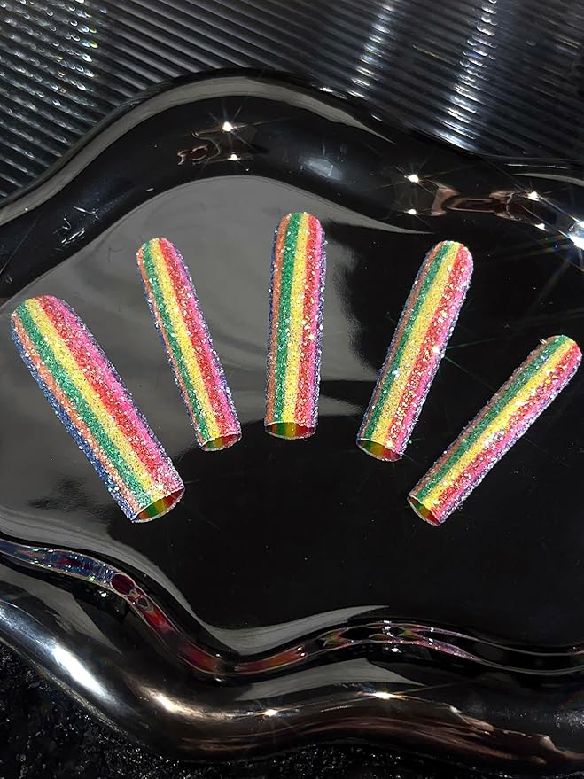 HAND-PAINTED White Press Ons Neon Small Press on Nails Long French Press on Nails Coffin Medium Short Nail art Fake Nail Art Kit with 7g Glue on Nails Handmade Almond Square Nails (Large, J8)
