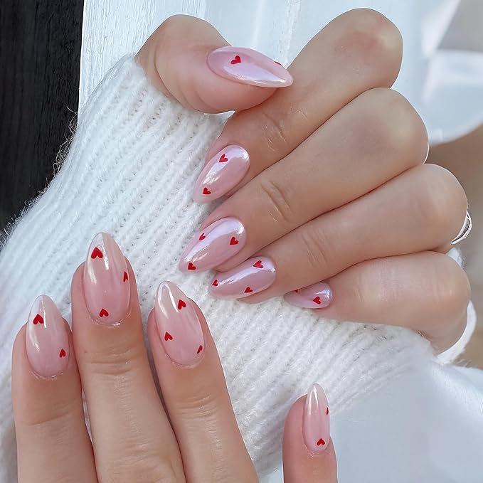 Pearlescent Press on Nails Medium, Glazed Nude Pink with Red Heart Fake Nails Almond Chrome Acrylic Press Ons for Women, Natural Fit Full Cover Glue on Nails in 12 Sizes - 24 Pieces Nail Kit