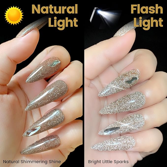 YTD Likomey Reflective Glitter Gel Nail Polish,15ml Champagne Gold Flash Diamond Shimmer Nails Gel,Sparkly Shiny Salon Home Fall Winter Manicure UV Color Varnish,SZ012