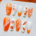 30Pcs Fall Maple Leaf Press on Nails Medium Square Fake Nails Orange French Tip False Nails with 3D Water Ripple Design Thanksgiving Holiday Artificial Stick on Nail Full Cover Glue on Nail for Women