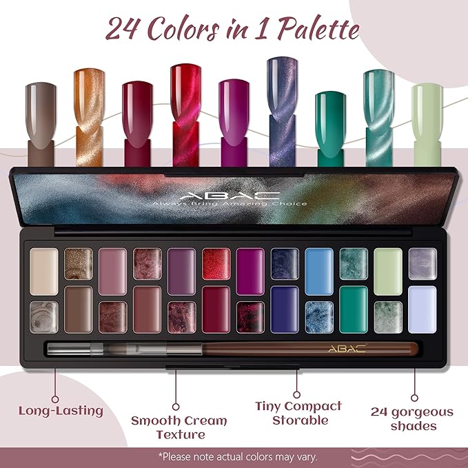 ABAC Solid Cat Eye Gel Nail Polish Palette,Hema-Free 24 Colors Pink Red Green Shimmer Cat Eye Gel Polish,Creme Gel Manicure Palette with Brush and Magnet Soak Off LED Gift for Women