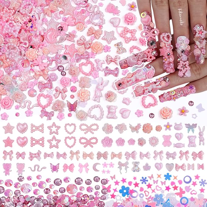 400Pcs Pink Nail Charms Kit, 3D Nail Gems and Rhinestones Flatback Pearls Mixed Shape Set, Heart Rabbit Butterfly Flower Bow Acrylic Resin Nail Art Decorations DIY Craft (Pink)