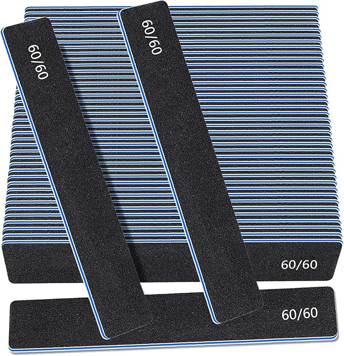 Black Rectangle 60/60 Grit Nail Files, 50 Pcs Professional Double Sided Emery Board, Reusable Washable Coarse Tool for Acrylic & Gel Nails, Home Salon Application
