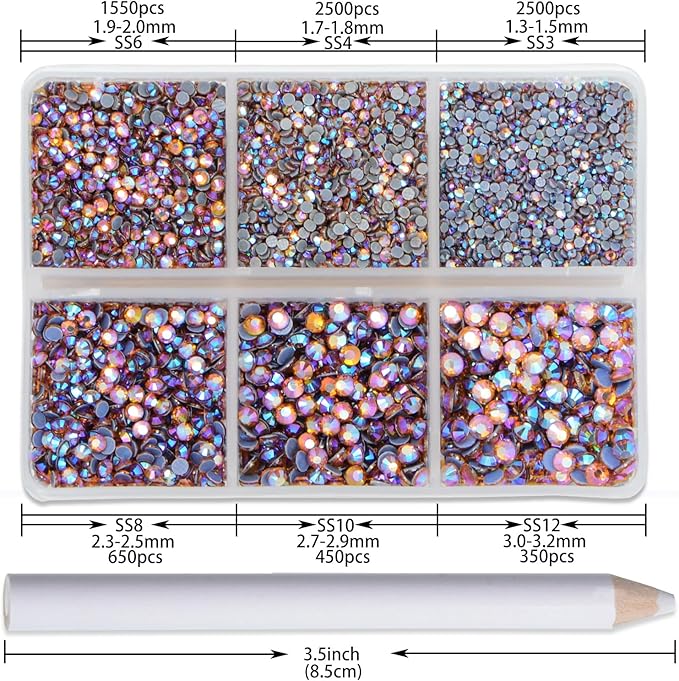 NCB Hotfix Iron on 8000pcs Crystal Rhinestones Round Gem for Crafts Decoration DIY Jewelry Making with a Picking Pen (Topaz AB, 6Sizes SS3-SS12)
