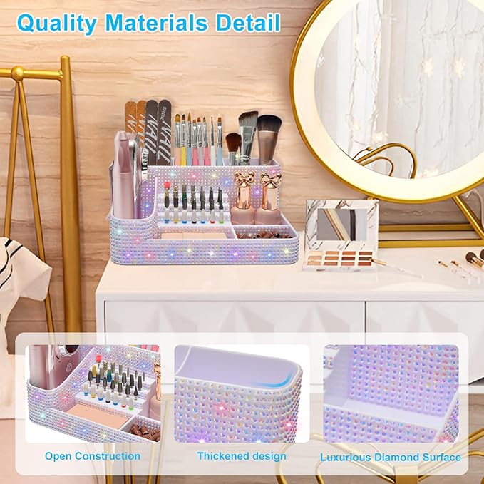 ANRUI Nail Drill Bit Holder, 28 Holes Plastic Nail Drill Machine & Bits Storage Case, Professional Nail Desk Organizer for Manicure Tools Gift for Women and Girls- Sparkling Diamond
