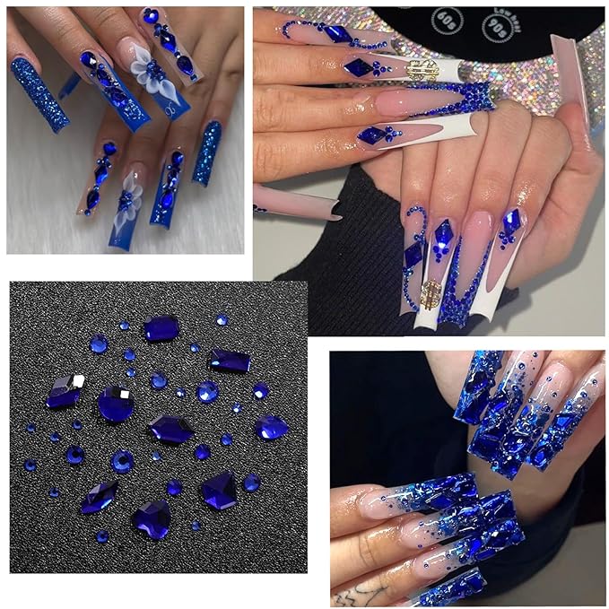 4 Boxes Blue Nail Gems Bow Flower Nail Charms for Acrylics - Irregular Crystals, Nails Rhinestone & Accessories for Women Nails Art Design Nails Decor(Blue)