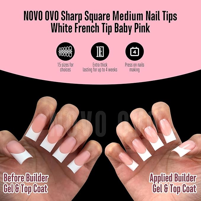 NOVO OVO Medium Sharp Square White French Tip Nail Tips Press on BABY PINK, Extra Thick NEED Builder Gel & Top Coat & Glue, Soft Gel Full Cover False Fake Nail Extension in Salon DIY x 15 Sizes 180 pc