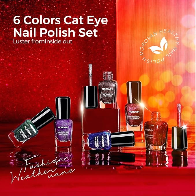 Morovan Magnetic Nail Polish Set：Cat Eye Glitter Red Green Purple Blue Nail Polish Kit Shimmer Quick Dry Nail Kit Bulk for Women Nail Art Manicure Salon Gift Holiday Party