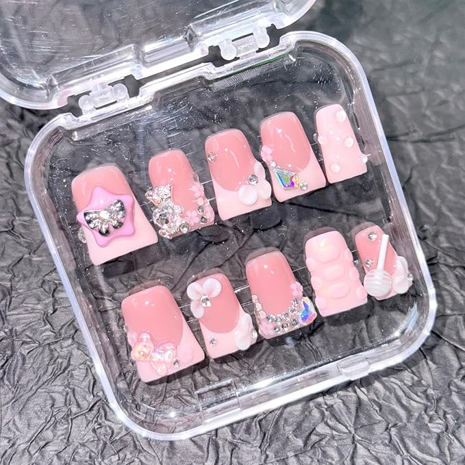Handmade Duck Press on Nails Short French Nails with Glue,Muti-Layer Gel 3D Flower Art Fake Nails with Luxury Gems Bow Design Light Pink Acrylic Nail Reusable Nature False Nails for Wome (Size S)