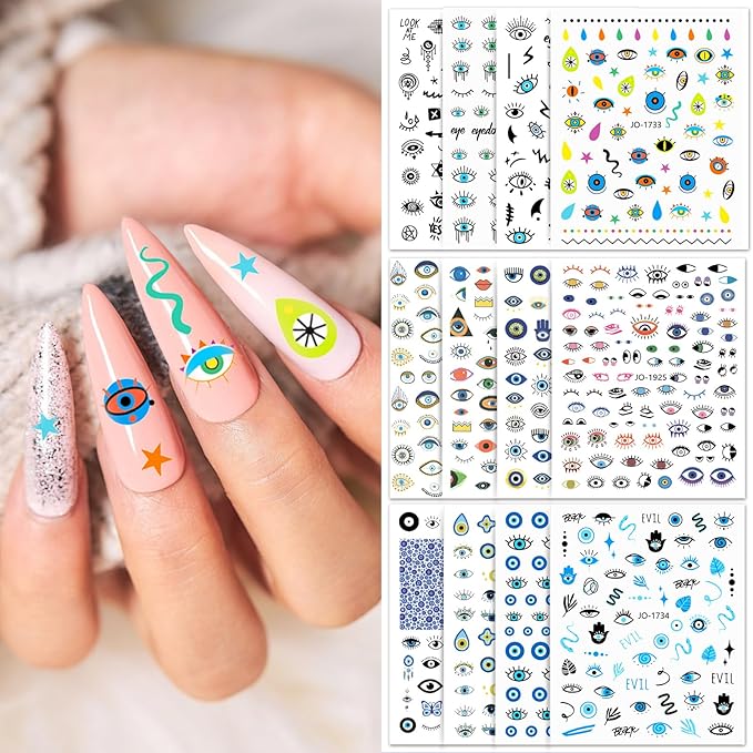 12 Sheets Evil Eye Nail Art Stickers Decals Self Adhesive Pegatinas Uñas Turkish Blue Eye Hamsa Hand Eye of Fatima Manicure Tips Devil Eye Nail Decoration for Women Girls Gift 807-7