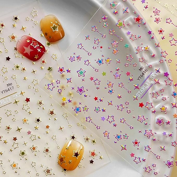 Star Nail Stickers for Nail Art 3D Glitter Cute Colorful Star Luxury Rhinestones Nail Design Stickers Starlight Nail Decals Nails Supply Manicure Sliders for Nails Decoration 4 Sheets