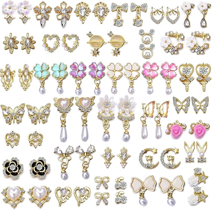 1 Pack of 50pcs 3D Nail Charms for Acrylic Nails with Art Nail Gems and Rhinestones (#1-Gold Tone)