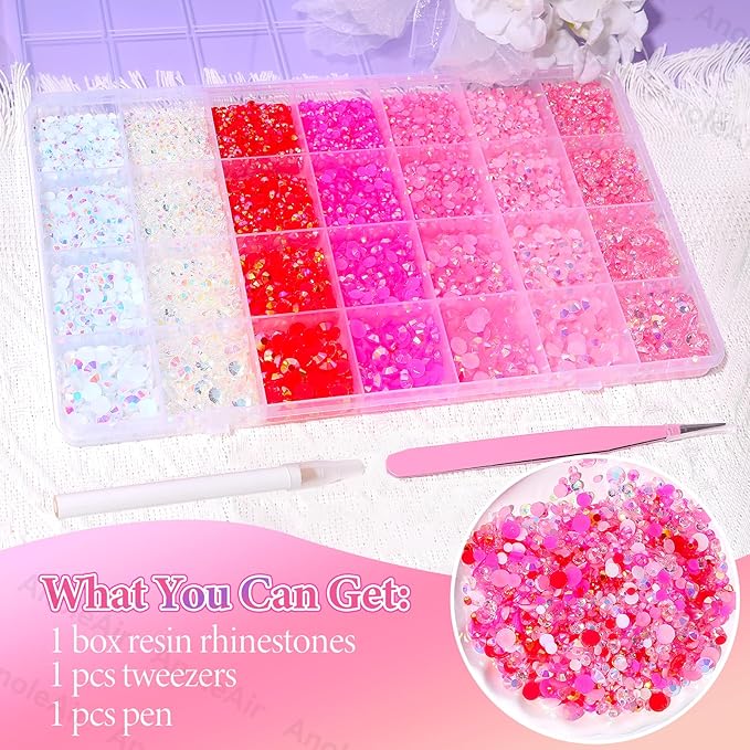 22000Pcs Pink Rhinestones for Bedazzling, Jelly Bedazzling Resin Gems 3-5mm, Pink White Gems Bedazzling Kit for Crafting, Flatback Color Light Hot Pink AB Gems for Nails Face Makeup Crafts Tumblers