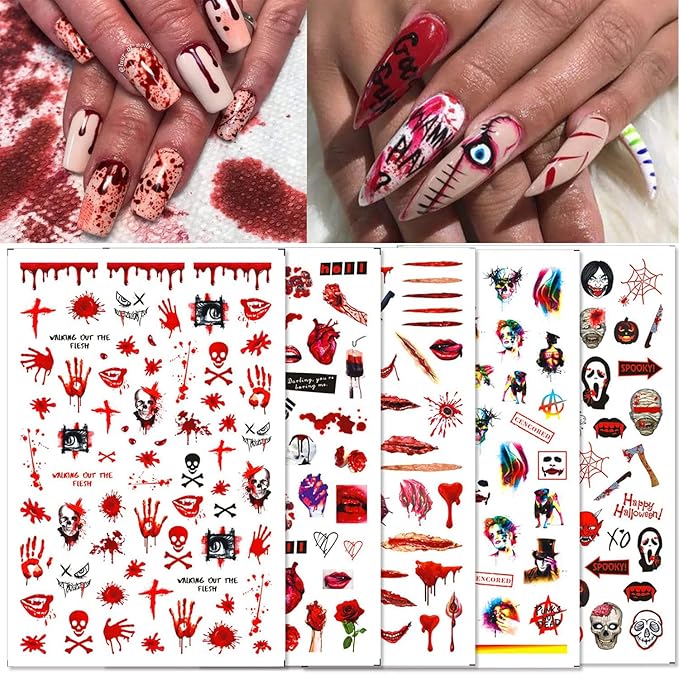 12 Sheets Halloween Nail Art Stickers 3D Self-Adhesive Nail Decals Skull Witch Ghost Horror Mouth Wound Scar Bloody Nail Designs Sticker for Women Girls Kids Halloween Party Supplies