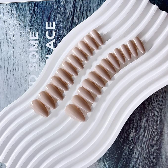 Khaki Press on Nails Almond Shaped Medium Length - Neutral Acrylic Reusable Fake Nails for Women Girls, Glue on Stiletto False Nails Soft Gel Artificial