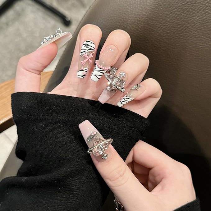 3D handmade Gel nails press on false nails long square pink white, big heart rhinestone cross star cute acrylic Reusable fake nails designed kit,10 Nails Size S #95
