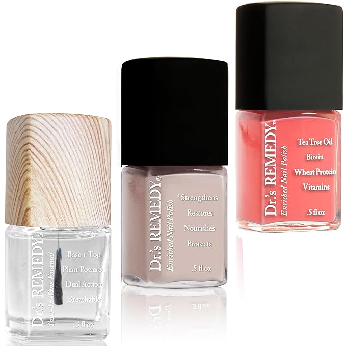 Dr’s Remedy 3 Pack Nail Polish Kit, Positively Perfect Pink Trio, All Natural Enriched Nail Strengthener Non Toxic and Organic - TOTAL 2-in-1, GIDDY Grapefruit, NURTURE Nude Pink