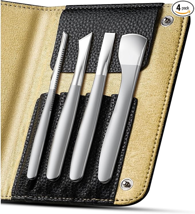 BEZOX 4PCS Pedicure Knife Tools – Professional Ingrown Toenail Removal Kit, Callus Shaver & Corn Scalpel, Foot Peeling Razor Toe Nails Blades (PU Leather Case Included) - Silver