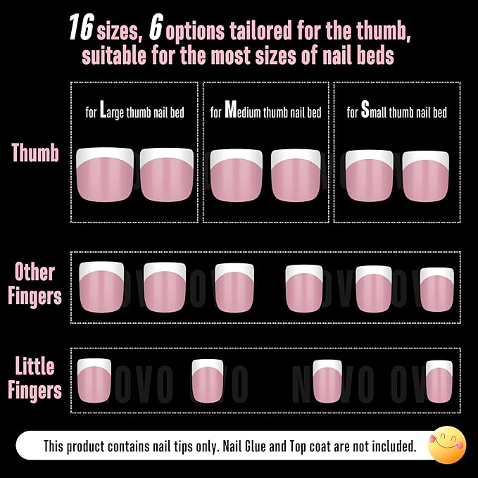 NOVO OVO Extra Short White French Tip Nail Tips, XS XXS Square Round BERRY PINK, for Wide & Short Nail Beds, Thick Full Cover Press on for Women Men, Soft Gel Acrylic Extension kit, 16 Sizes x 224pcs