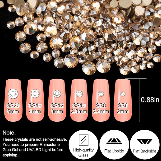 18 Styles Multi-Shaped Glass Gemstones for Nails and 6 Sizes Round Crystal Rhinestones Kit #5, Champagne Nail Art Charm Bead Manicure Decoration with Pickup Pencil and Tweezer