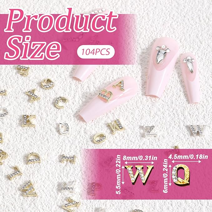 104pcs Rhinestone Letters Nail Studs Gold Silver 3D Nail Charms Letters