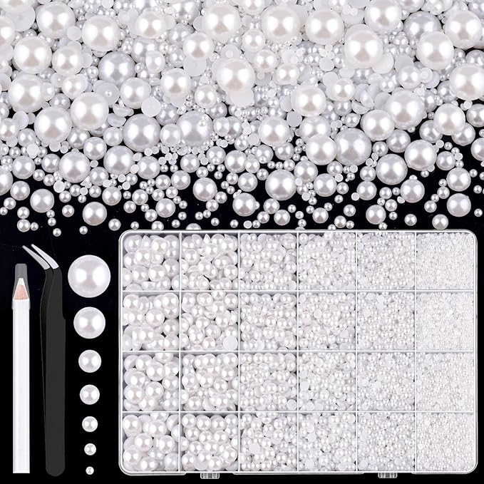 11000Pcs Flatback Pearls for Crafting (White), Assorted Size 2/3/4/5/6/8/10mm Non Hotfix Half Pearl, Bedazzling Bead for DIY Crafts Clothing Tumblers Mugs Shoes Fabric Embellishment Nail Art Makeup