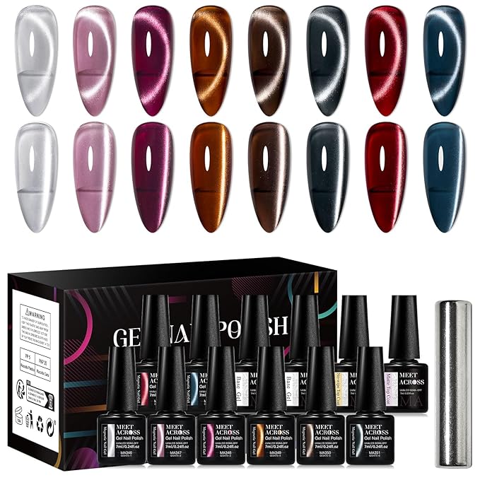 MEET ACROSS Cat Eye Gel Nail Polish Set 12 Pcs, Fall Winter Retro Magnetic Gel Polish, Pink Brown Blue Gray Green Magnetic Nail Polish with Base Top Gel Soak Off Nail Art Salon Manicure Home Gift
