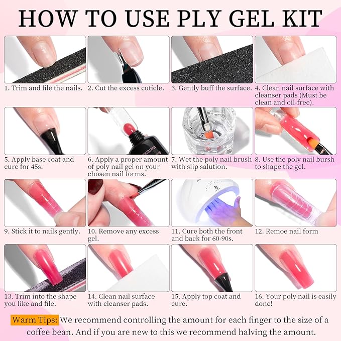 Clara Colors Poly Gel Nail Kit, 12 Colors Clear Jelly Nude Pink Poly Extension Gel Nail Kit with 48W UV Lamp All In One Polygel Nail Kit Starter Kit with Slip Solution and Tools for Nail Art DIY