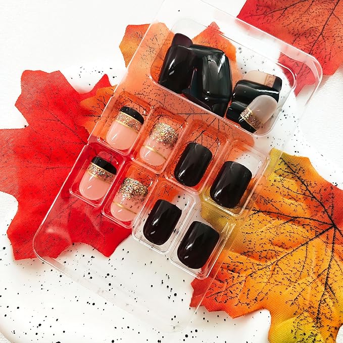 Fall Press on Nails Square Short Brown French Tip Nails Press Ons 24 Pcs Glossy Glitter Designs