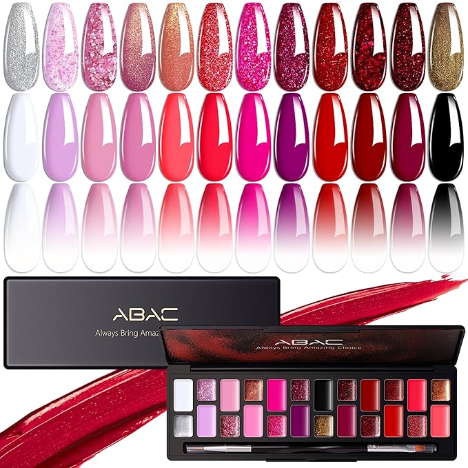 ABAC 24 Color Solid Gel Nail Polish,Ombre Gel Nail Polish,Pat Paint Nail Gel - Rose Gold Glitter & Wine Red Shades w/Pro Brush | No-Spill,Hema-Free for Date Nights,Holiday Gifts & Home Manicure