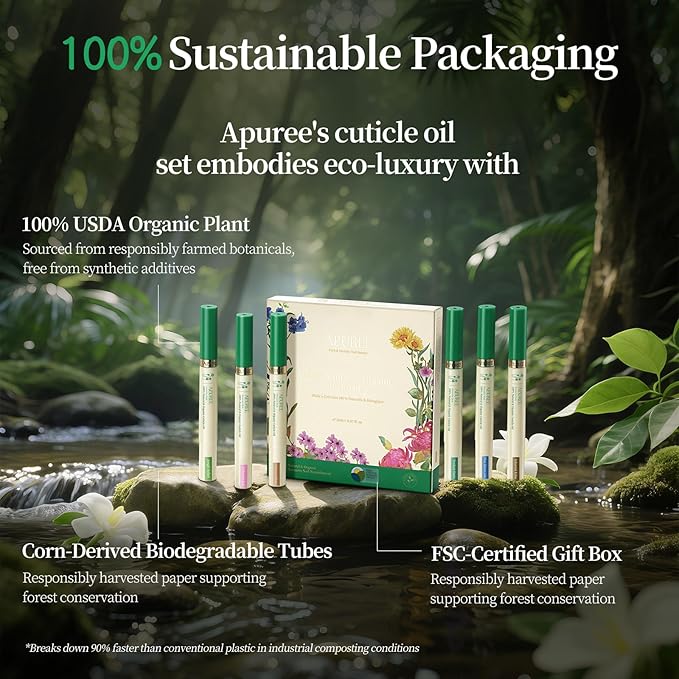 APUREE Organic Cuticle Oil Set: 100% Bio-Based(6pcs)|Nail Strengthener Growth Oil|Moisturizes Extra Dry Cuticles for Brittle Peeling Breaking Thin Nails|USDA Verified|Manicure Prep|Vegan