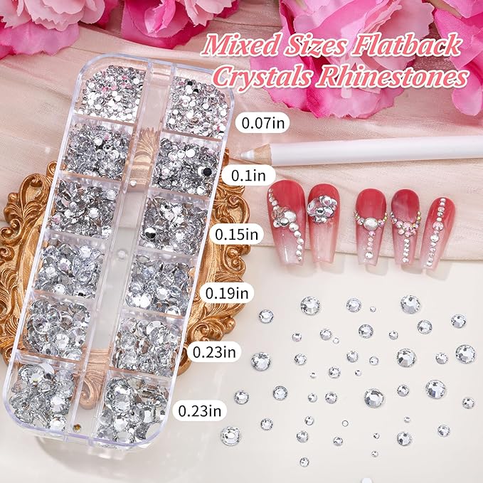 12 Boxes Nail Rhinestones Gems Kit,Gold/Silver Metal Studs,Mixed Sizes Flatback Crystals Rhinestones,Half Pearls,Sequins,Foil Flakes with Tweezers & Dotting Tools for DIY Manicure