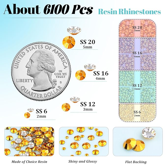6100Pcs Resin Rhinestones for Crafting with 2Pcs 10ml B7000 Jewelry Glue, 1 Box Flatback Crystals Diamond (Gold) for Bedazzling Crafts DIY Nail Art Non Hotfix Gems for Clothing Shoes Tumblers