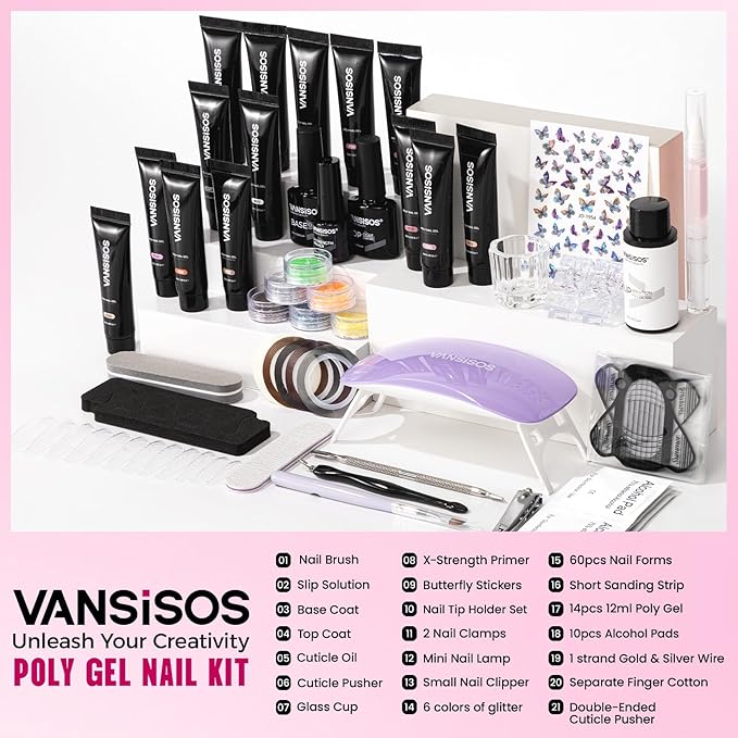 Poly Gel Nail Kit for Beginners: 14 Color Professional Gel Nail Extension Set with Slip Solution U V Lamp for DIY at Home Salon