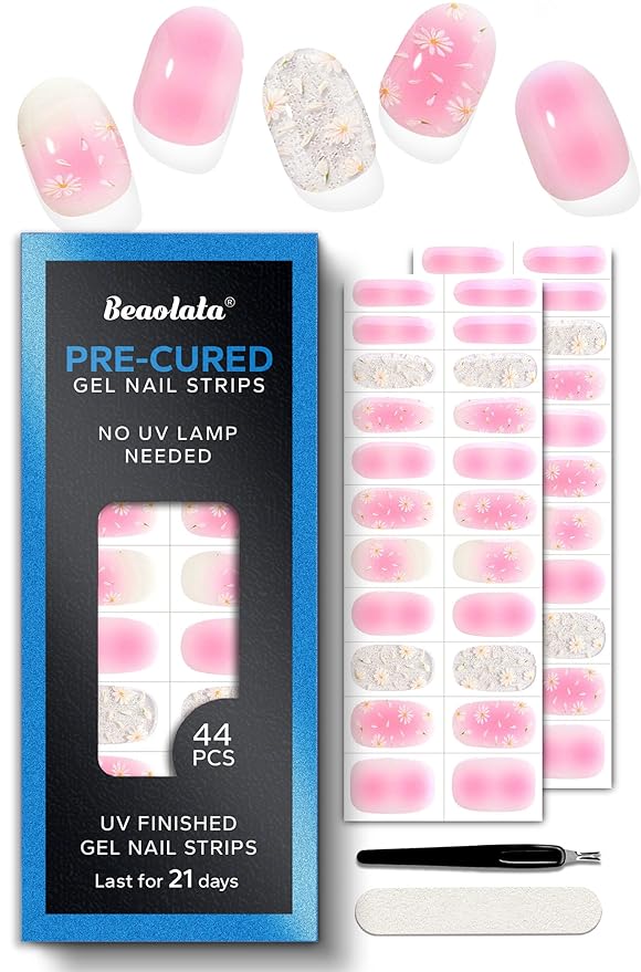 Pre Cured Gel Nail Strips - 44PCS Salon Quality Gel Nail Stickers - Long Lasting Polish Wraps for Women no UV Light Needed Easy Apply & Remove (PetalPink)
