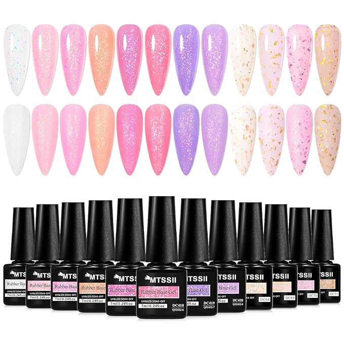 MTSSII 12 Pcs Rubber Base Gel for Nails, Jelly Gel Nail Polish Set Nude Pink Neutral Transparent Milky White Sheer Pink Gold Foil Cloud-pattern Brocade Strengthen/Enhance/Base Coat/Color Gel Polish