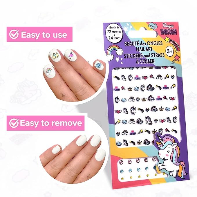 Unicorn Nail Stickers – 1 Sheet with 72 Stickers + 24 Rhinestones – Self-Adhesive Nail Art for Girls – Fun Activity & Gift Idea for Birthdays, Crafts, Party Bags and Playdates