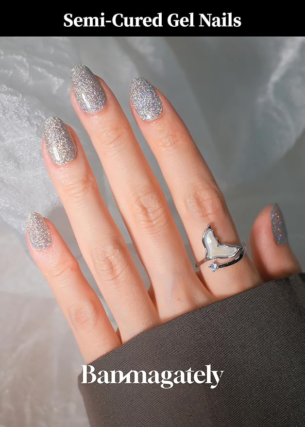 Semi Cured Gel Nail Strips, 20Pcs Long Lasting Salon Quality Wraps, Easy Apply & Remove Gel Nail Stickers with UV Light (Prismatic Silver)