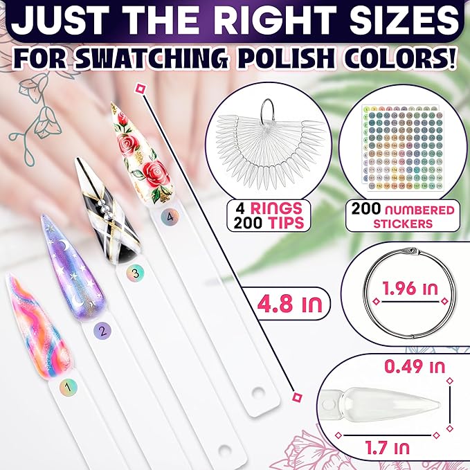 200 Pcs Nail Swatch Sticks Stiletto – Polish Color Swatches with 4 Metal Rings & Numbering Stickers – True Color Visibility, Easy Layer Control | Works with Art Decals and Nail Art Striping Tape Lines