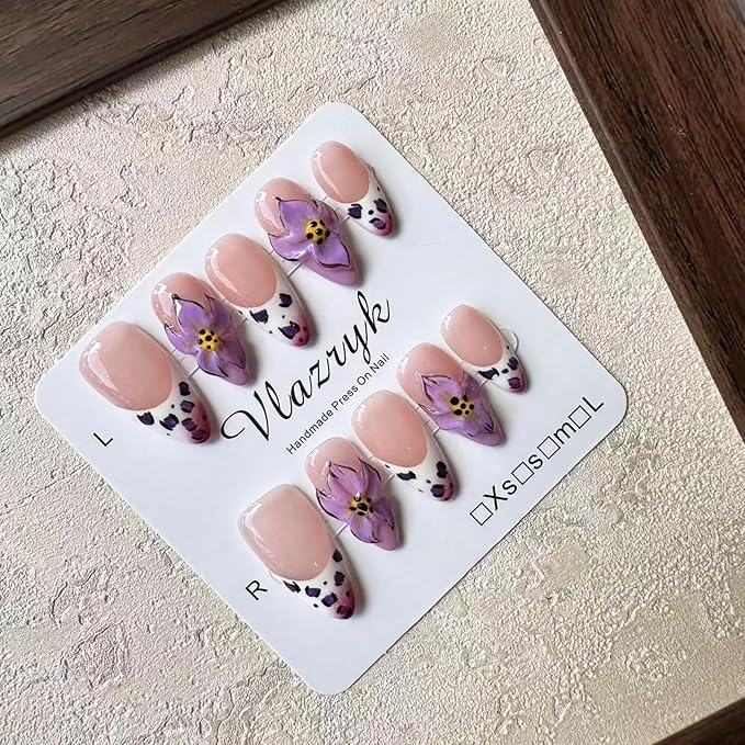 Luxury Handmade Press On Nails, Purple French Medium Almond with 3D Flowers, Winter & Autumn Gradient False Nails,Reusable Multi-Layer Post-Gel Acrylic Nails for Women .(10pcs)