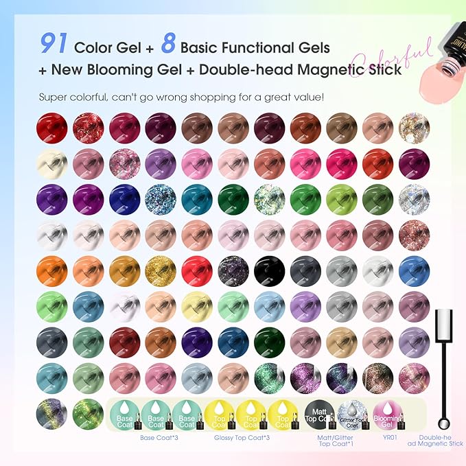 ROSALIND 101PCS Gel Nail Polish Set, 91 PCS Colors Gel Polish Set Base and Glossy Matte Glitter Top Coat Blooming Cat Eye with Magnet Stick Glitter White Pink Nude u v Nails Set Gift for Women