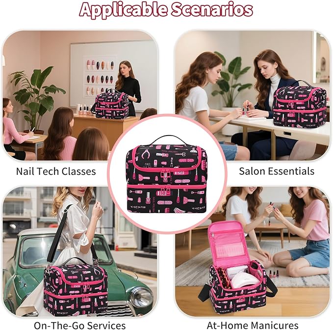 Nail Polish Organizer Case - Holds 45-90 Bottles & UV Nail Lamp, Nail Tech Organizers And Storage Bag for Nail Supplies & Manicure Kit & Pedicure Tools, Nail Technician Case (Cartoon Black, 45 Slots)
