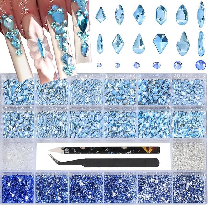 Nail Charms and Gems - 5000 Pcs, 20 Types, 20 Sizes, with Kit, Nail Rhinestones, Faux Pearls, Beads, for Nail Art (Light Blue)