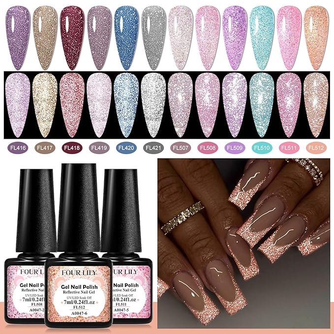 Reflective Glitter Gel Polish Christmas Pink Purple Brown Glitter Sparkly Shiny Disco DJ LED Gel Nail Polish Nail Varnish 12PCS 7ML